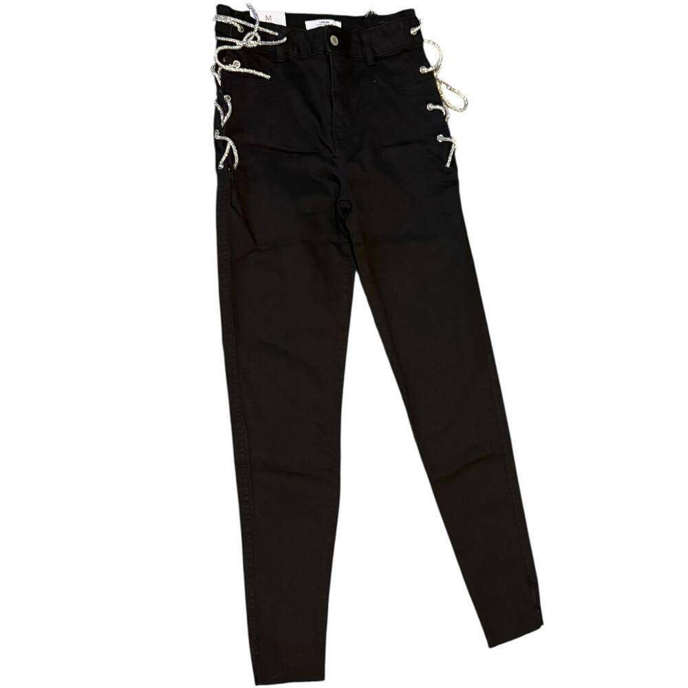 Labijou Black Lace Up Skinny Pants Silver Side Grommets Stretch Fit Size M
